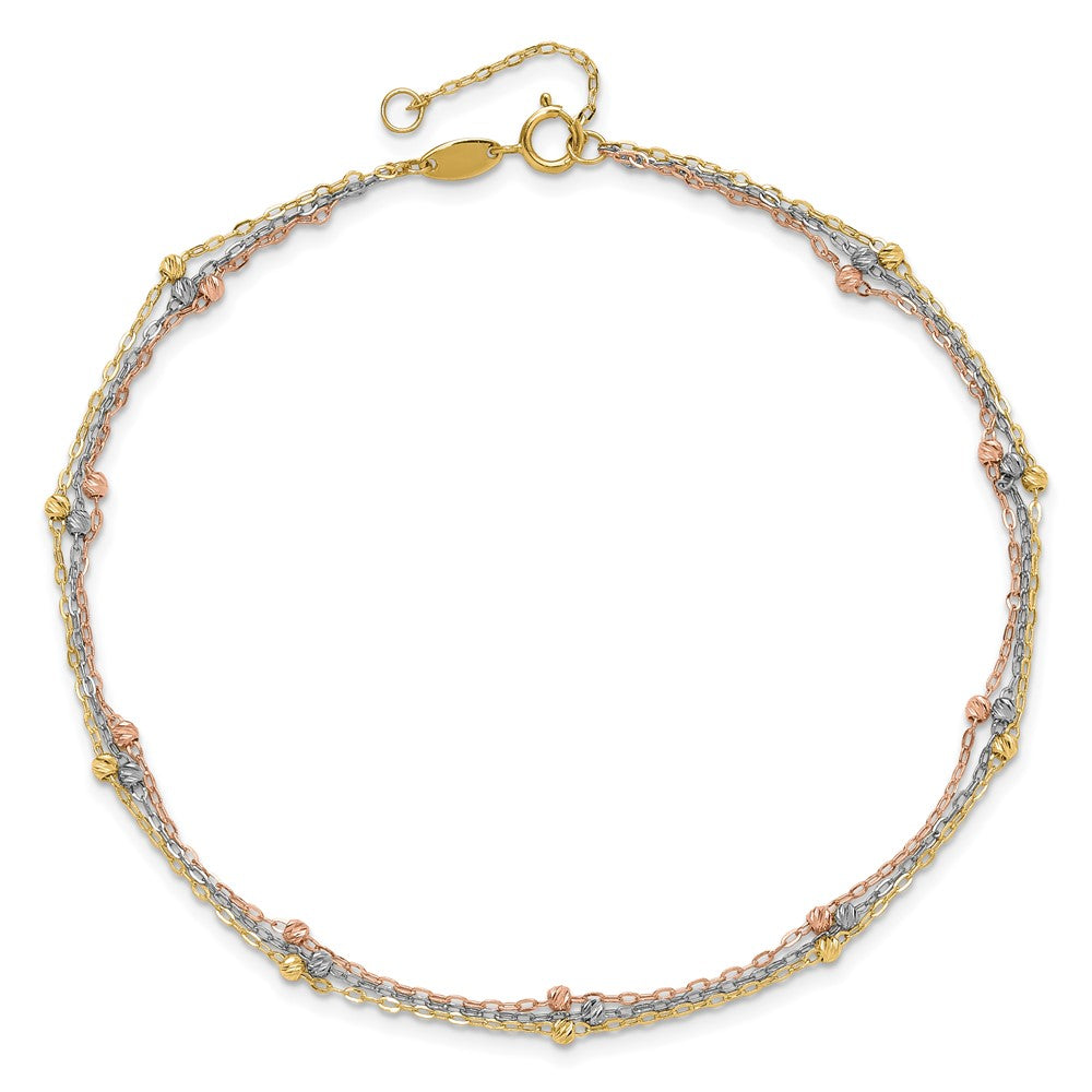 14k Tri-color 3-Strand Diamond-cut Beaded 9in Plus 1in ext Anklet