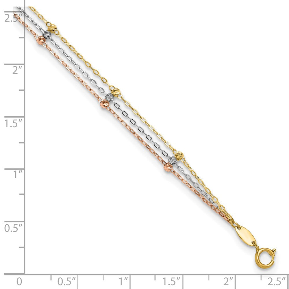 14k Tri-color 3-Strand Diamond-cut Beaded 9in Plus 1in ext Anklet