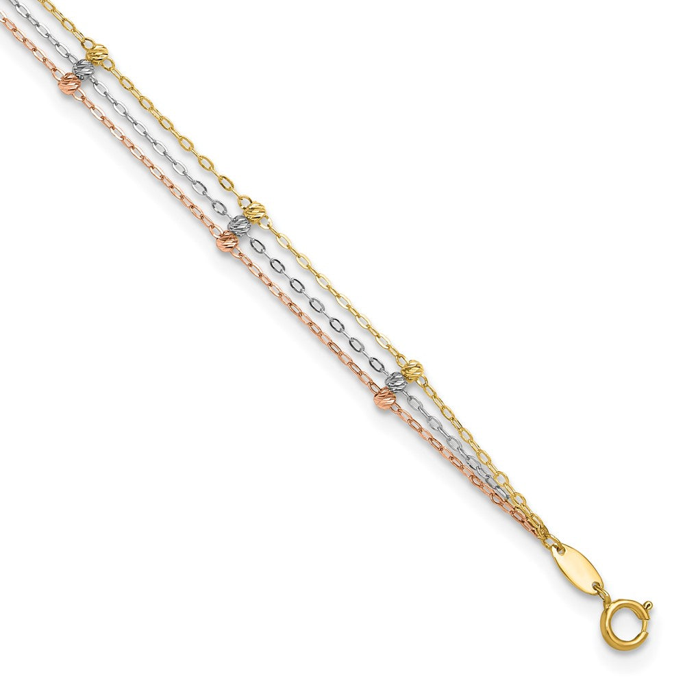 14k Tri-color 3-Strand Diamond-cut Beaded 9in Plus 1in ext Anklet