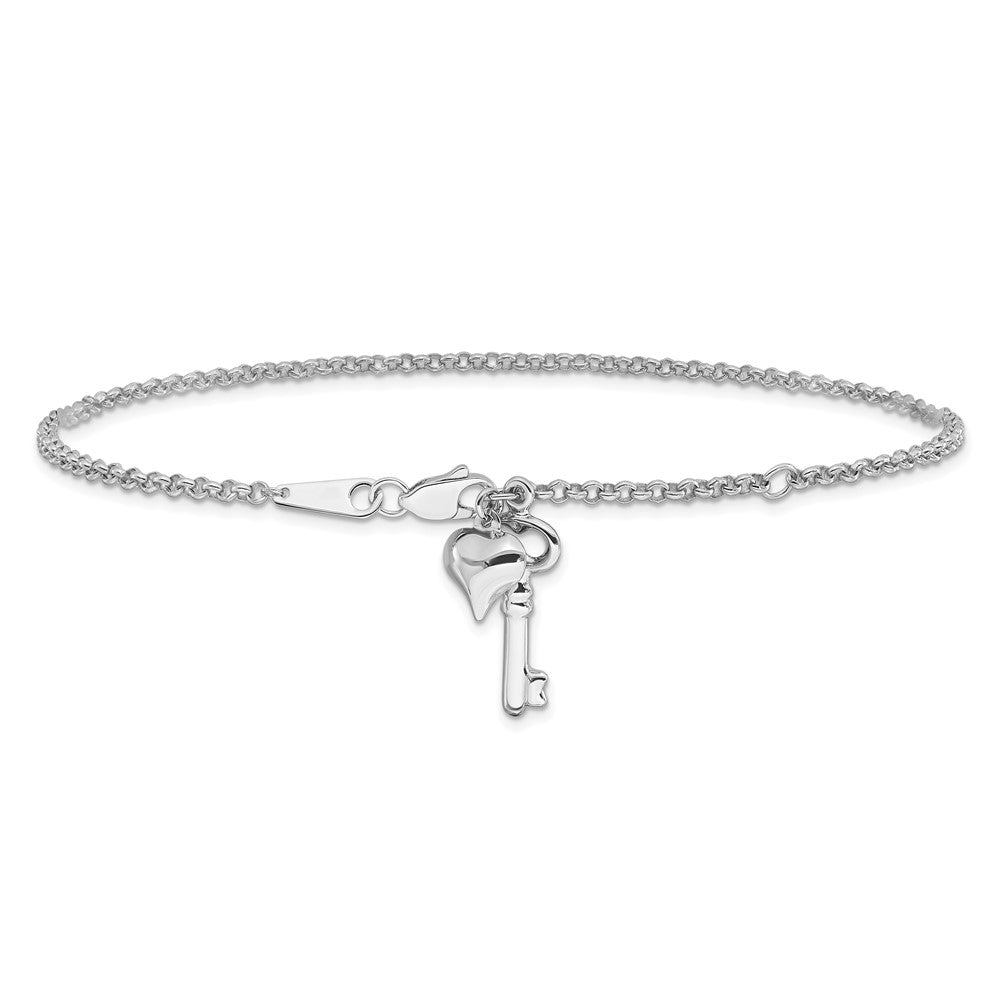 14k White Gold Adj Polished Puffed Heart Key 9in Plus 1in ext. Anklet