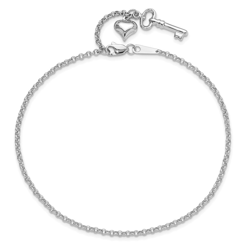 14k White Gold Adj Polished Puffed Heart Key 9in Plus 1in ext. Anklet