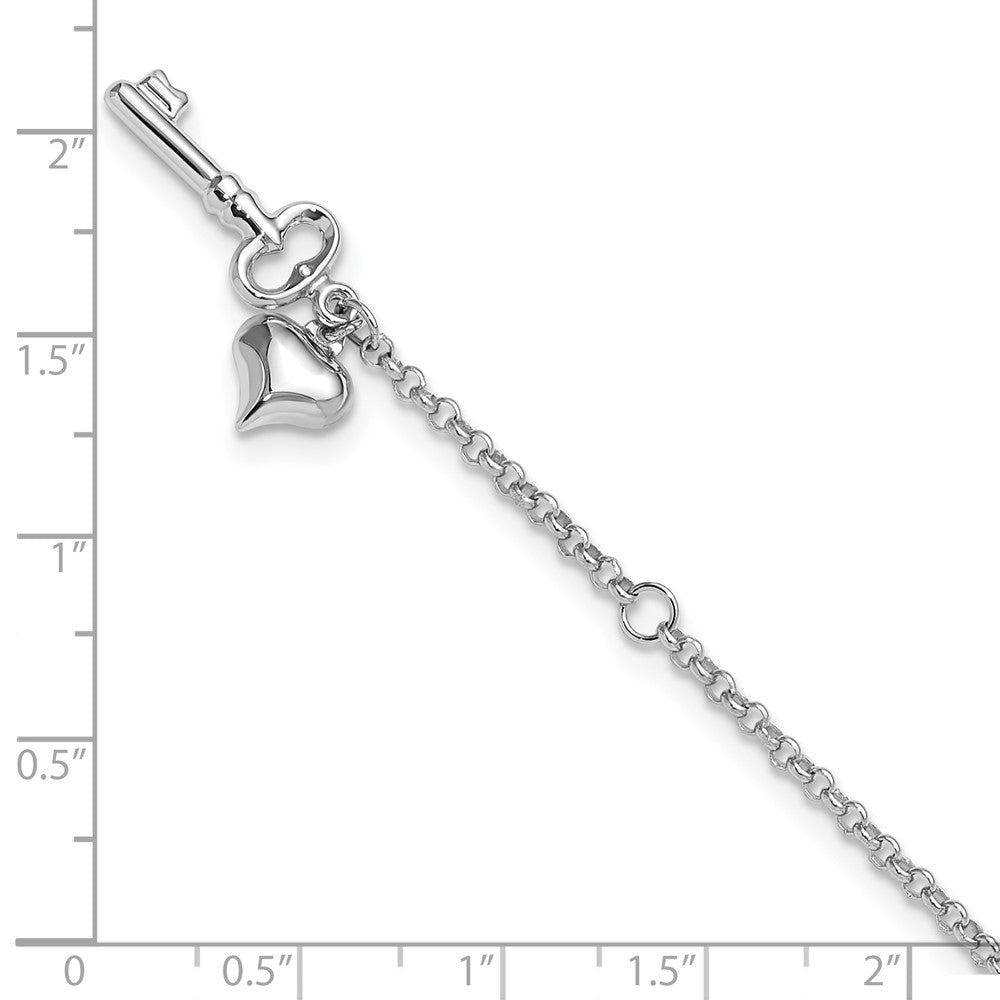 14k White Gold Adj Polished Puffed Heart Key 9in Plus 1in ext. Anklet