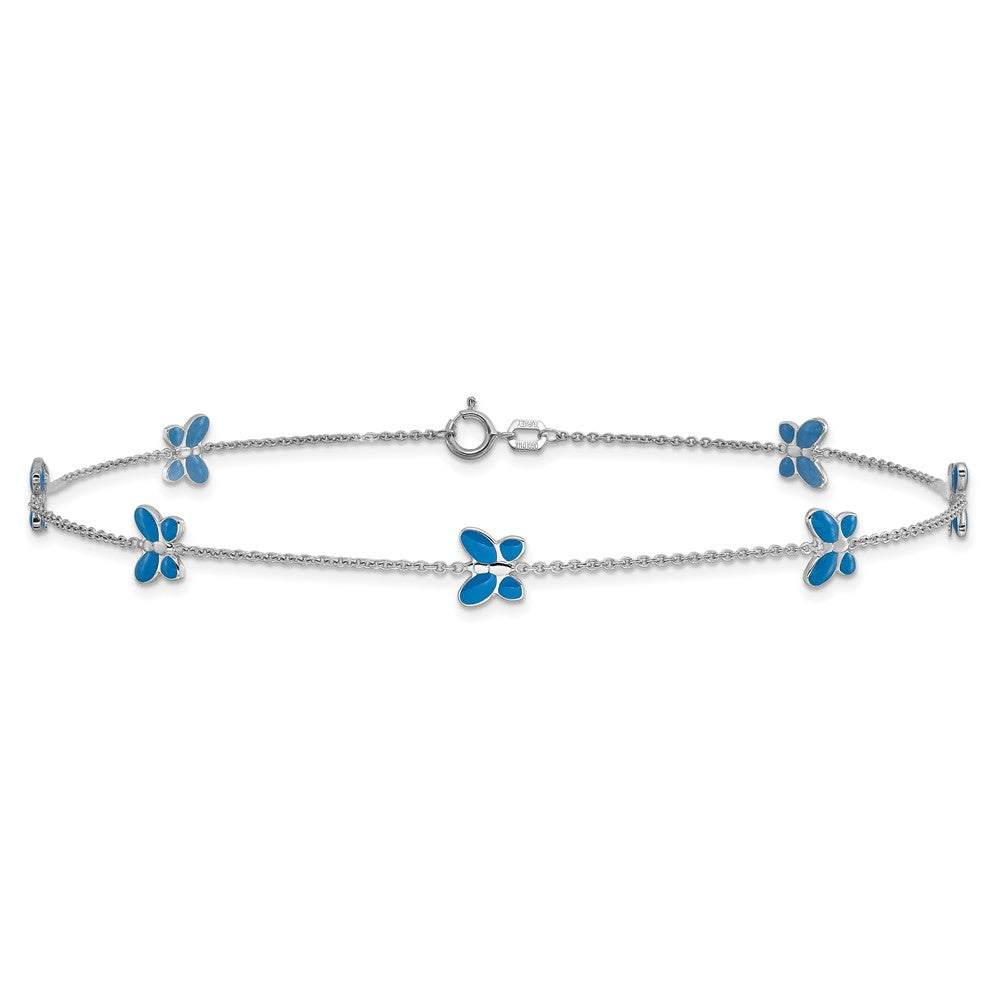 14k White Gold Blue Enameled Butterfly 10inch Anklet