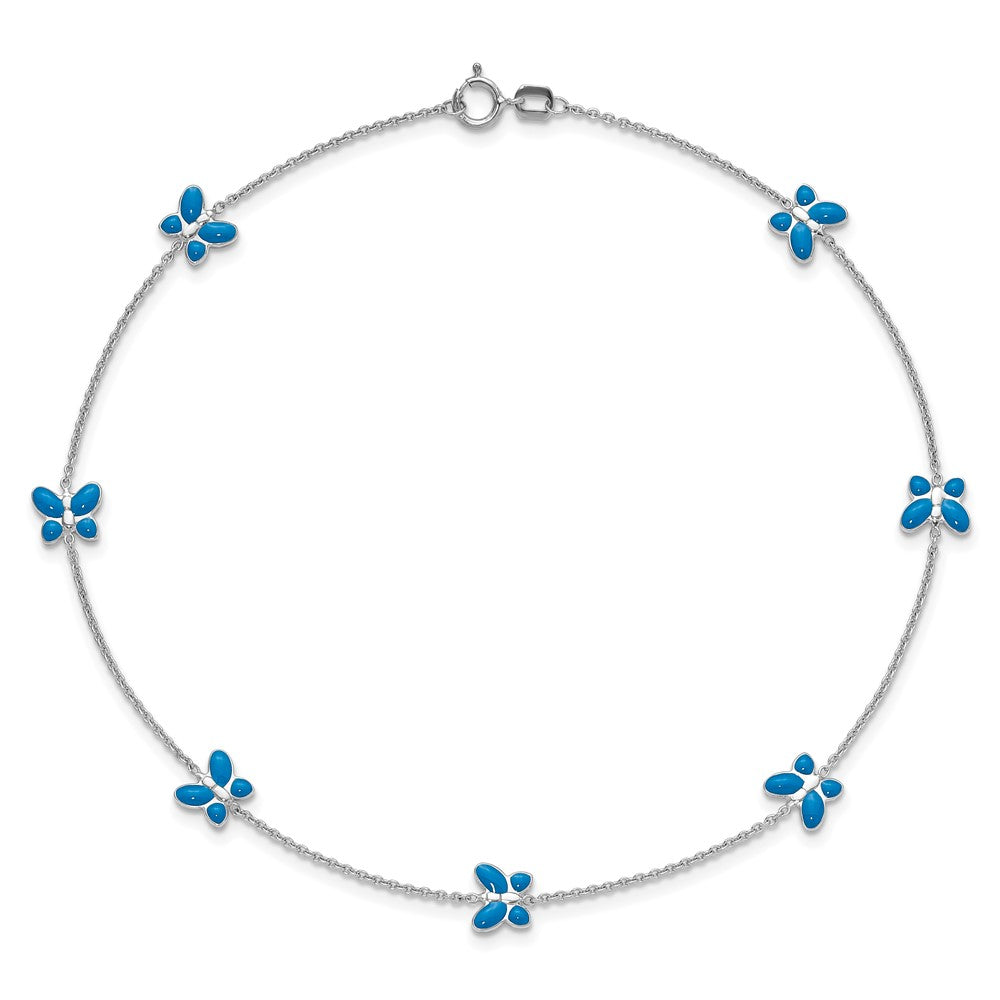 14k White Gold Blue Enameled Butterfly 10inch Anklet