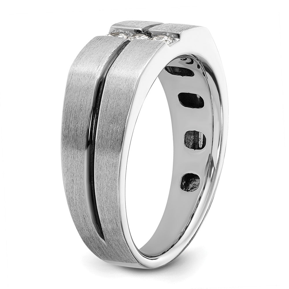 IBGoodman 14k White Gold with Black Rhodium Men's Satin and Grooved 3-Stone 1/5 Carat Lab Grown Diamond Ring