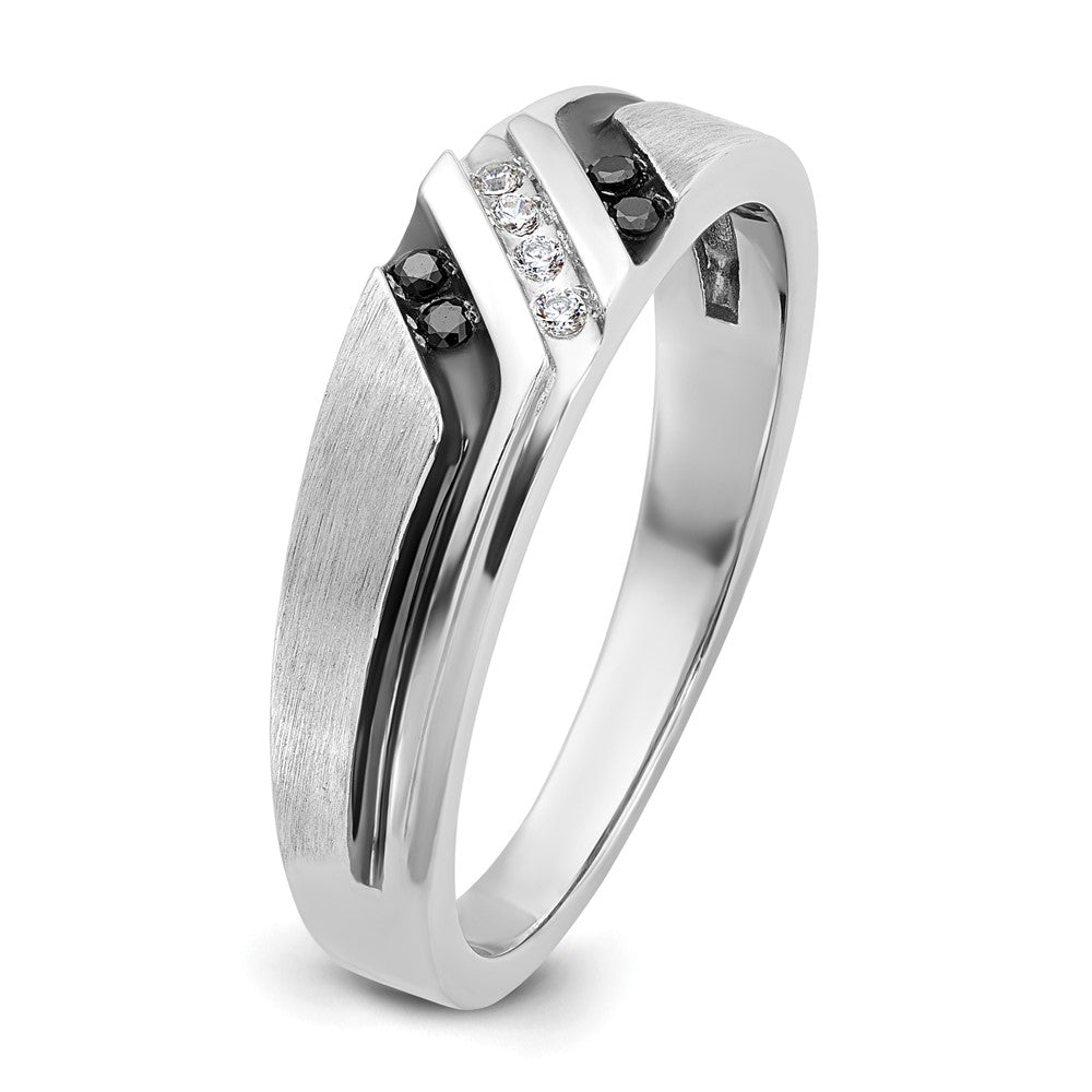 IBGoodman 14k White Gold with Black Rhodium Men's Polished Satin and Grooved 1/8 total Carat Black Mined Diamonds and Whit...