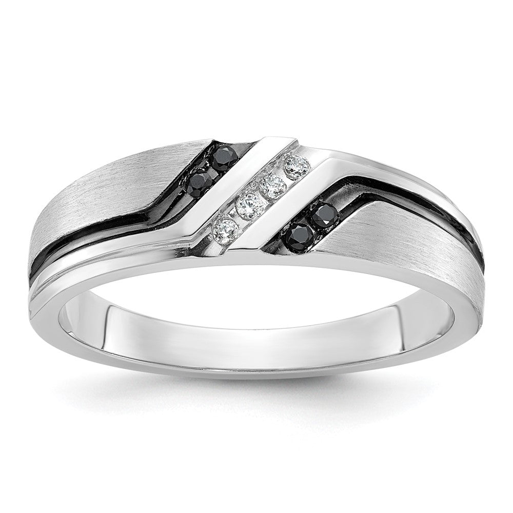 IBGoodman 14k White Gold with Black Rhodium Men's Polished Satin and Grooved 1/8 total Carat Black Mined Diamonds and Whit...