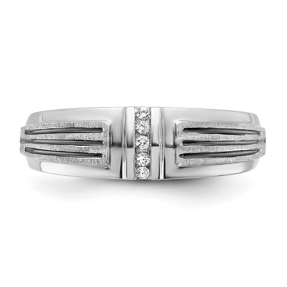 IBGoodman 14k White Gold with Black Rhodium Men's Polished Satin and Grooved 5-Stone 1/20 Carat Lab Grown Diamond Ring