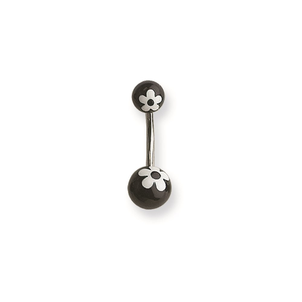 316L SRG GR SSTL 14G 7/16 Acrylc Daisy Wht on Blk Belly Ring