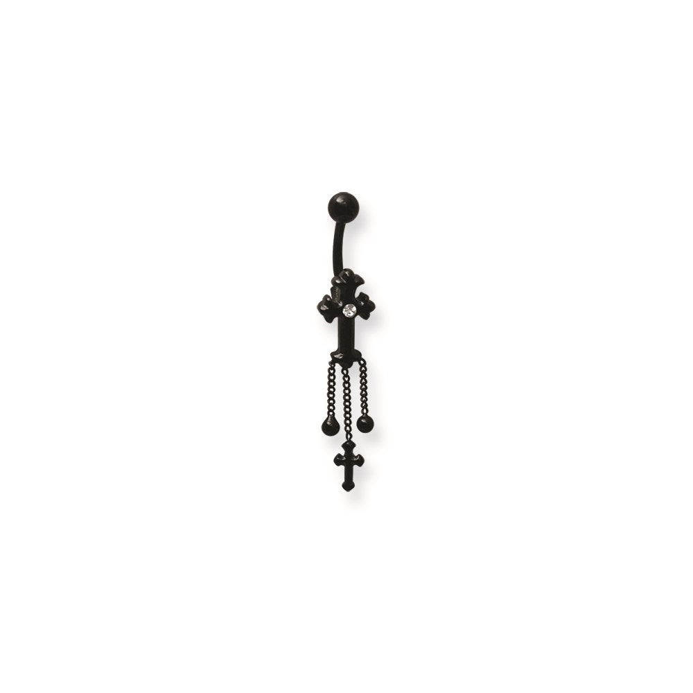 Black Plated SGSS Curv BB w Gem Charm & Dangle Black Plated 14G (1.6mm) 1