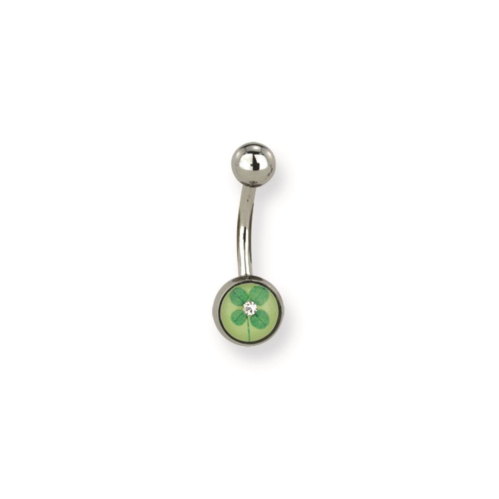 316L SRG GR SSTL 14G 7/16 Grn Clover Inlay on Grn Belly Ring