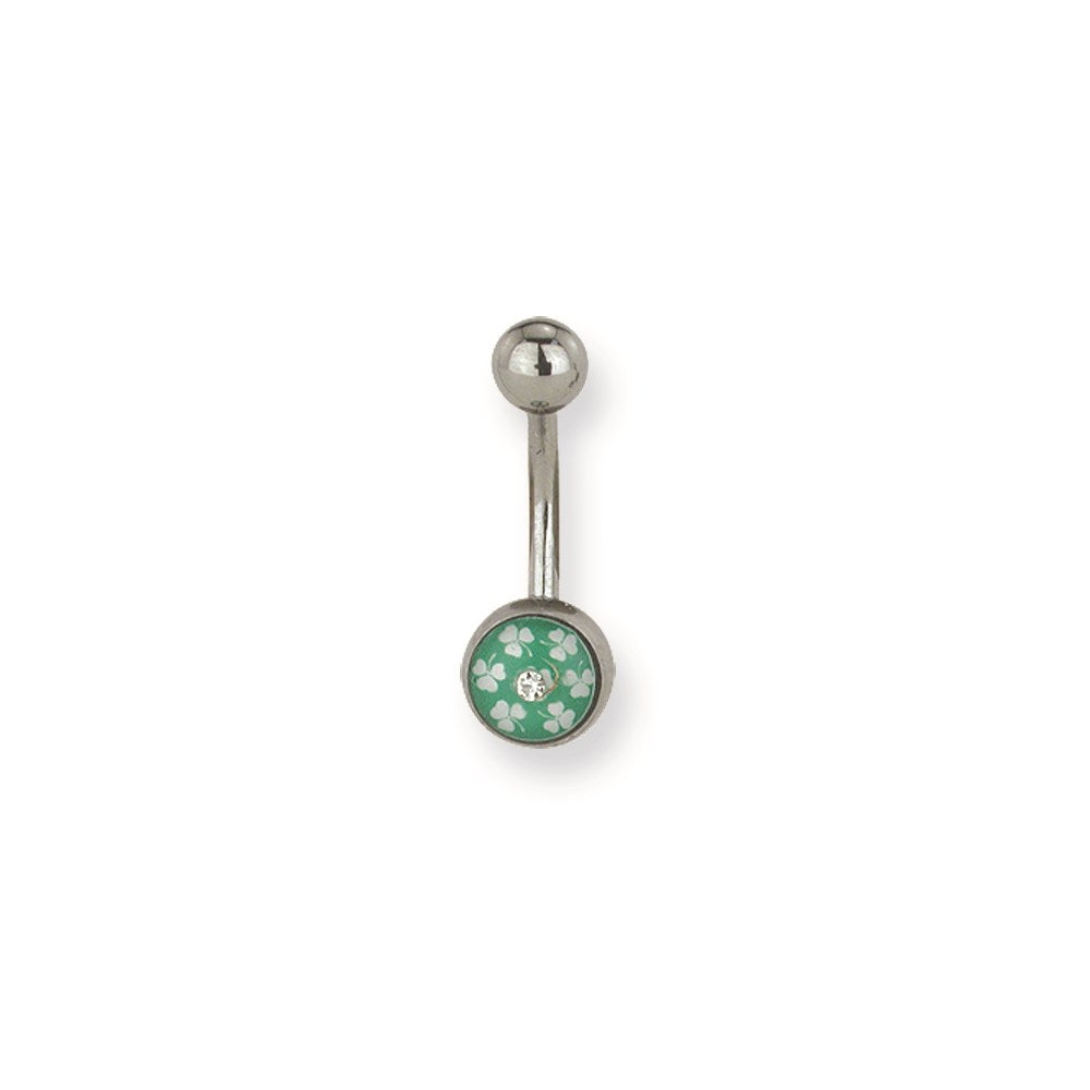 316L SRG GR SSTL 14G 7/16 Wht Clover Inlay on Grn Belly Ring