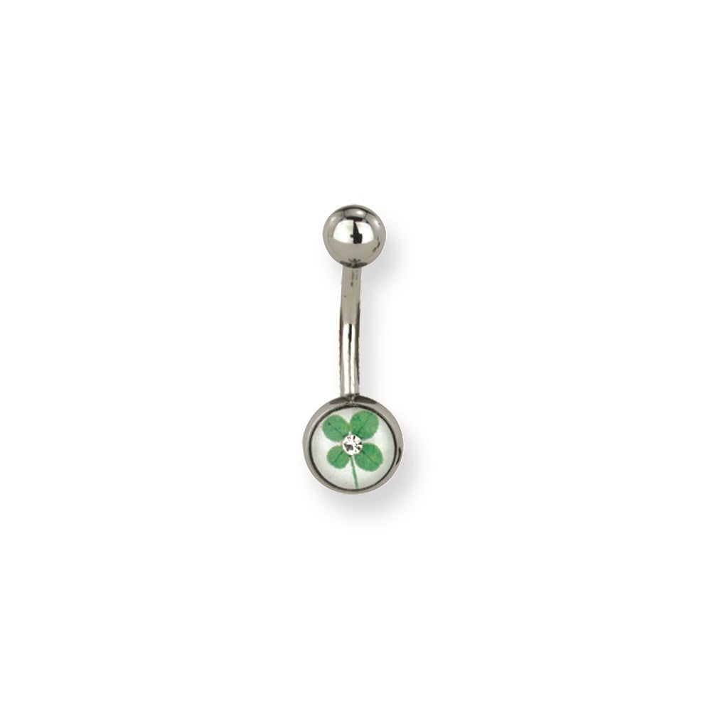 316L SRG GR SSTL 14G 7/16 Grn Clover Inlay on Wht Belly Ring