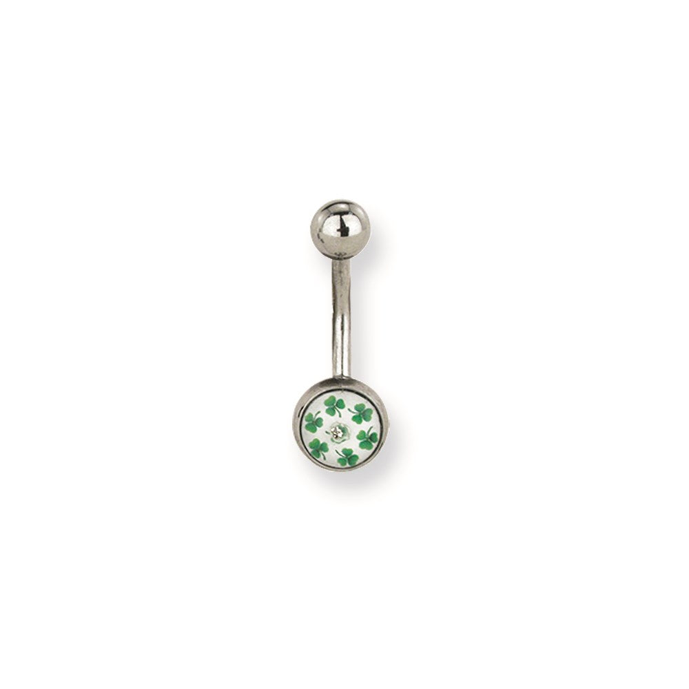 316L SRG GR SSTL 14G 7/16 Grn Clover Inlay on Wht Belly Ring