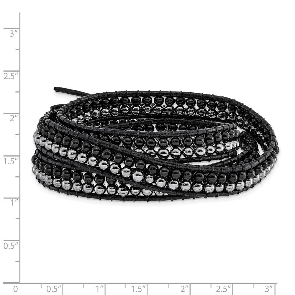 Black Agate and Hematite Bead and Leather Multi-wrap Bracelet