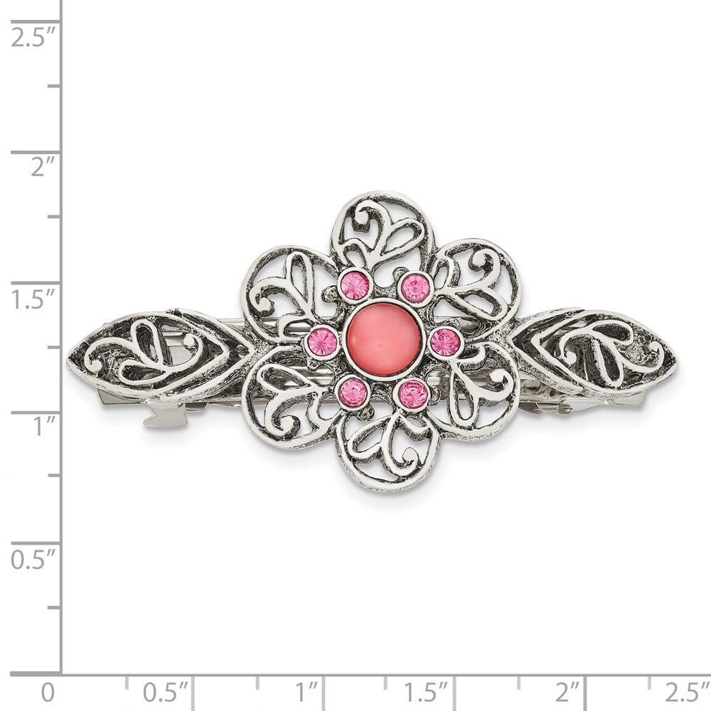 1928 Jewlery Silver-tone Filigree Pink Cabochon and Pink Crystal Flower Hair Barrette