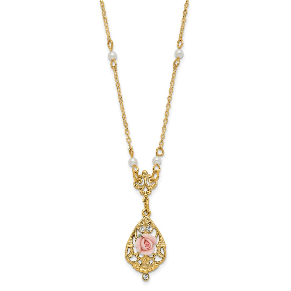 1928 Jewelry Gold-tone Imitation Pearl Pink Porcelain Rose and Clear Crystal Filigree Teardrop 17 inch Necklace