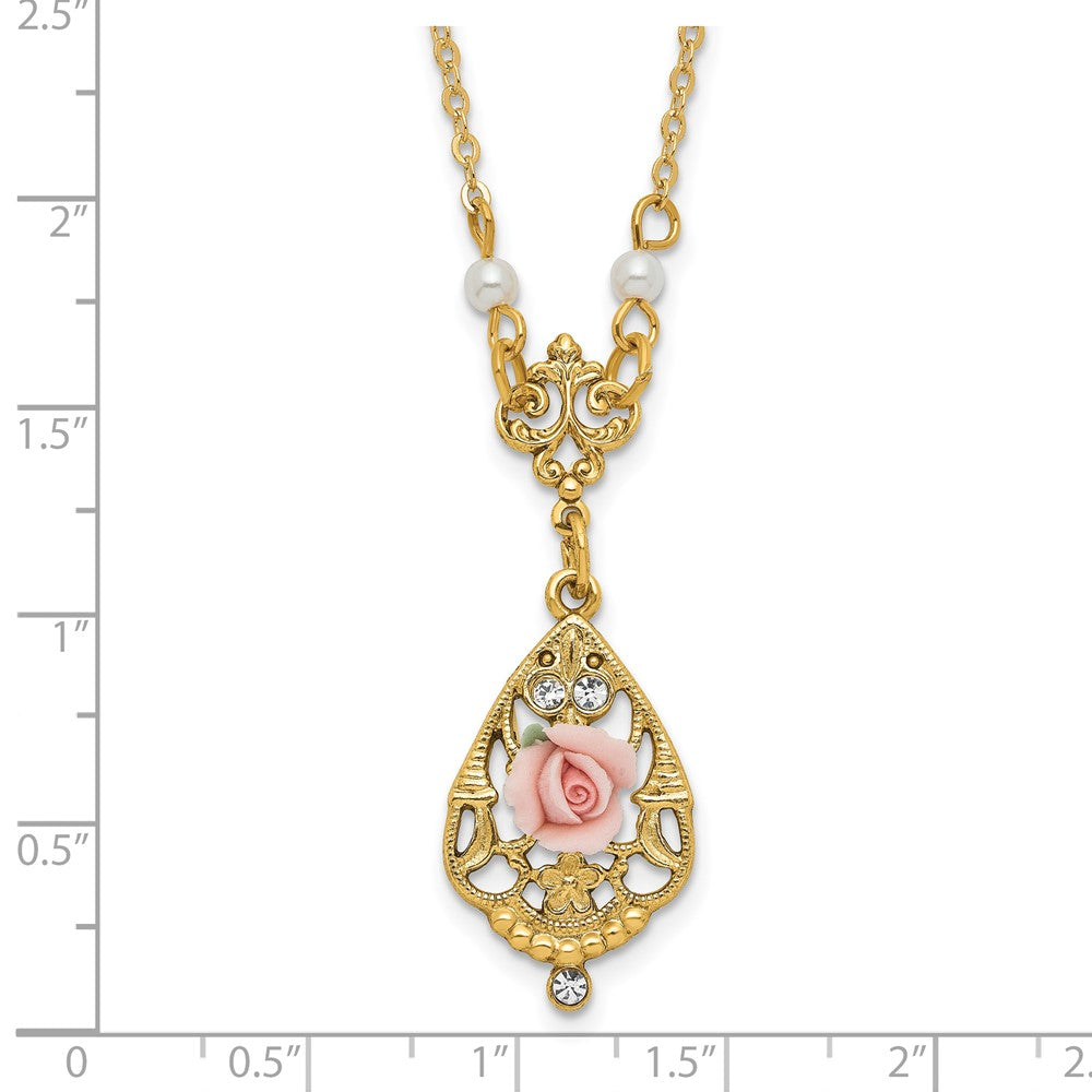 1928 Jewelry Gold-tone Imitation Pearl Pink Porcelain Rose and Clear Crystal Filigree Teardrop 17 inch Necklace