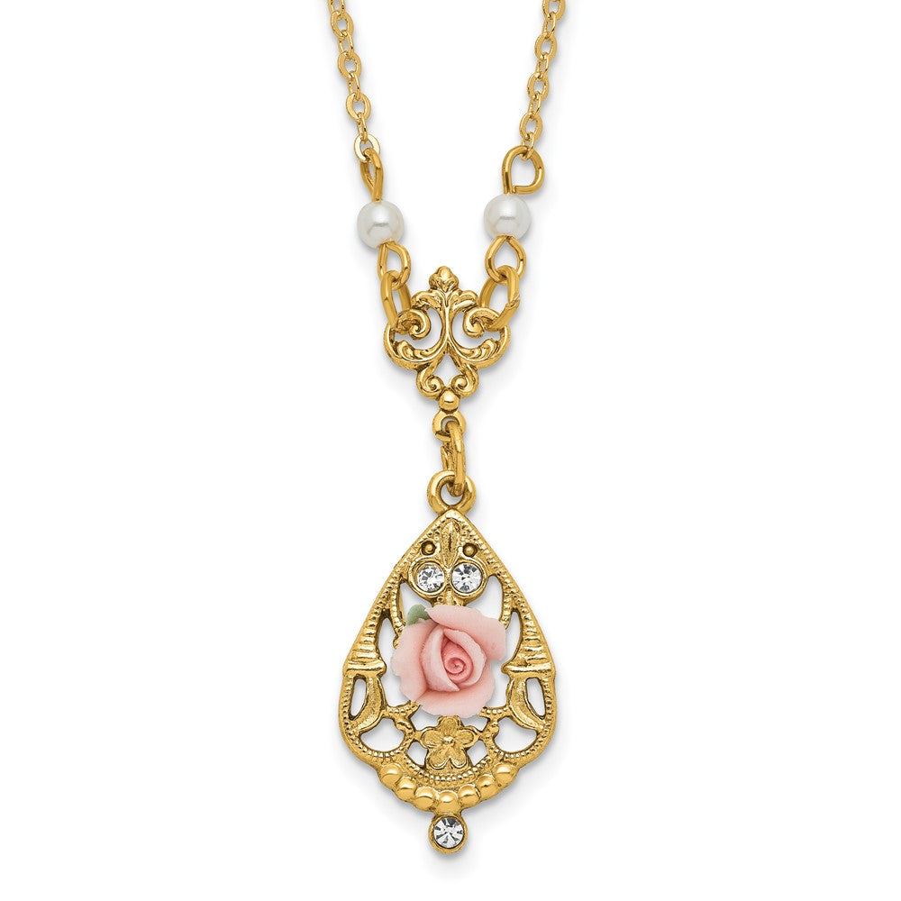 1928 Jewelry Gold-tone Imitation Pearl Pink Porcelain Rose and Clear Crystal Filigree Teardrop 17 inch Necklace