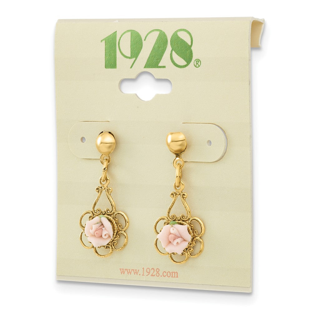 1928 Jewelry Gold-tone Filigree Pink Porcelain Rose Dangle Post Earrings