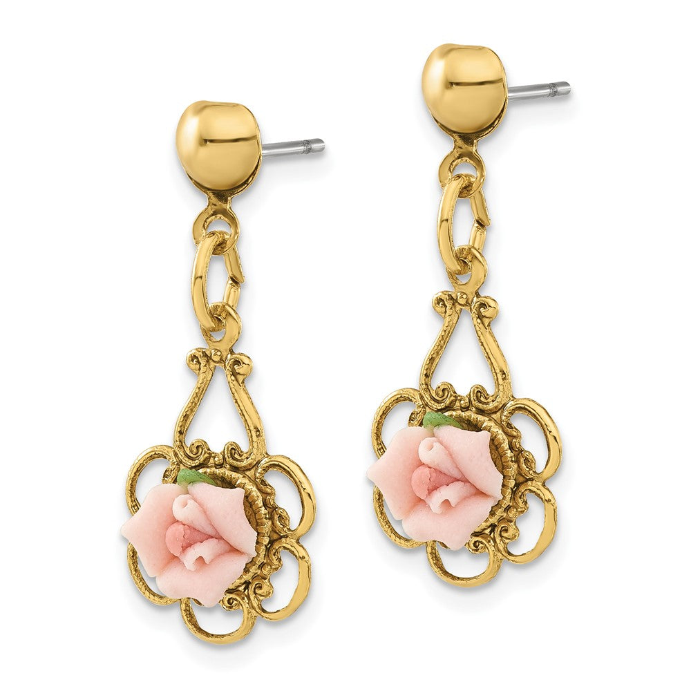 1928 Jewelry Gold-tone Filigree Pink Porcelain Rose Dangle Post Earrings