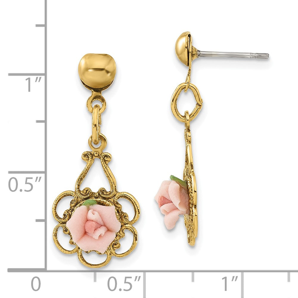 1928 Jewelry Gold-tone Filigree Pink Porcelain Rose Dangle Post Earrings