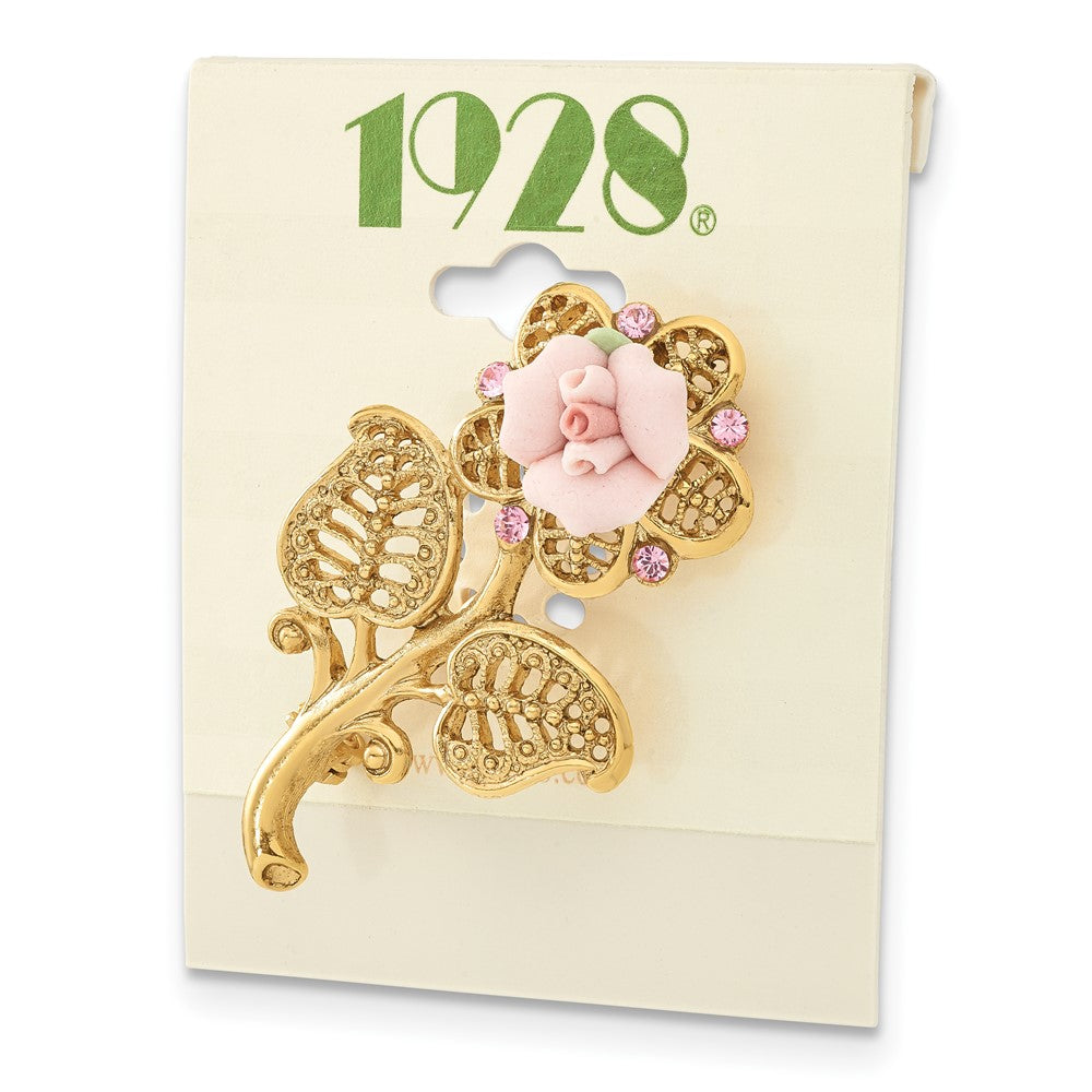 1928 Gold-tone Pink Porcelain Rose and Pink Crystal Flower Pin Brooch