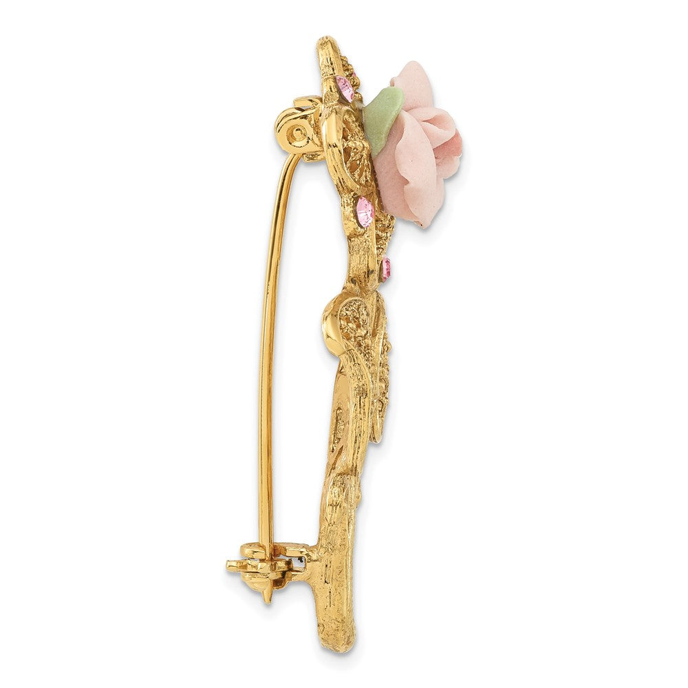 1928 Gold-tone Pink Porcelain Rose and Pink Crystal Flower Pin Brooch