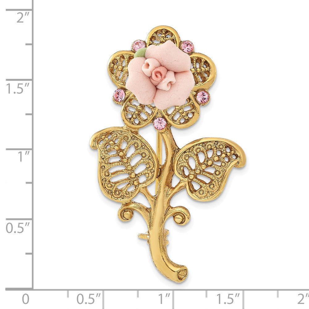 1928 Gold-tone Pink Porcelain Rose and Pink Crystal Flower Pin Brooch