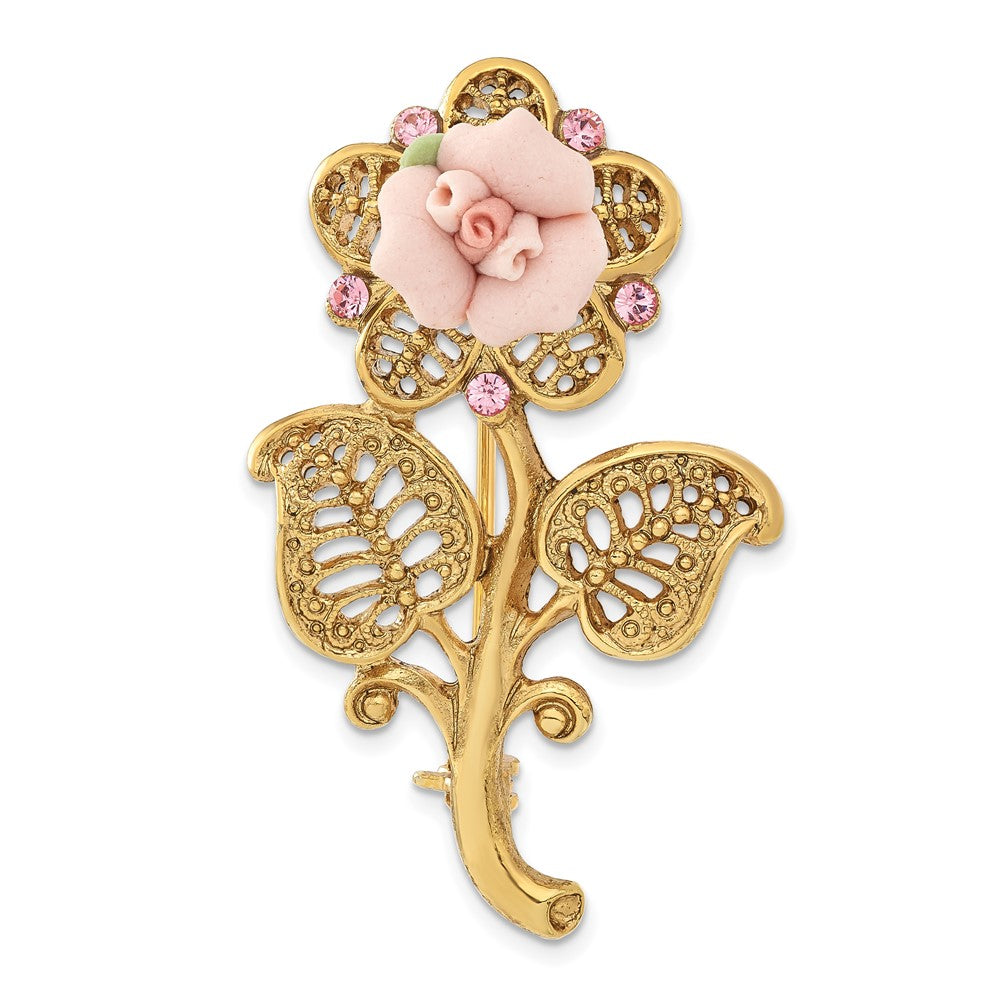 1928 Gold-tone Pink Porcelain Rose and Pink Crystal Flower Pin Brooch