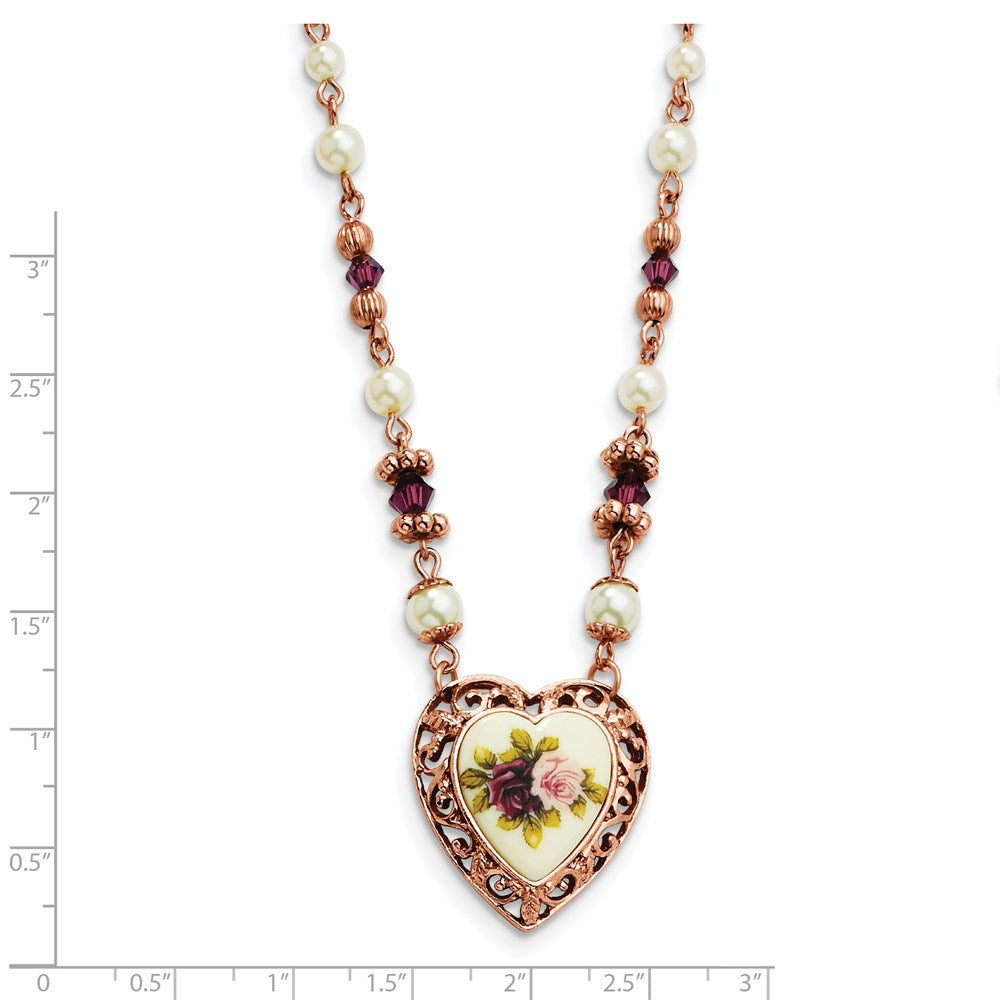 1928 Jewelry Rose-tone Heart Filigree Frame Purple Faceted Crystal Bead Imitation Pearl Rose Floral Motif 15 inch Necklace