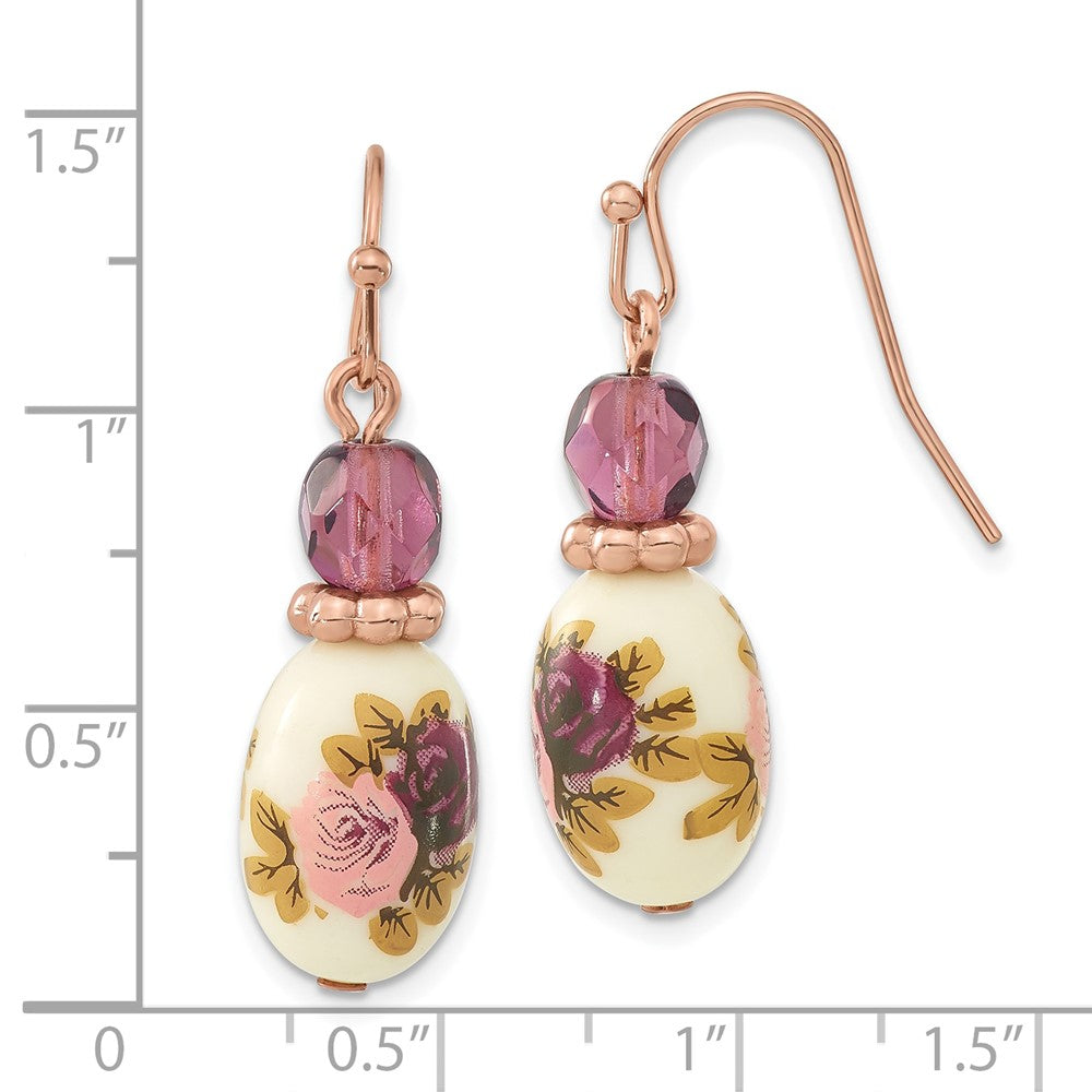 1928 Rose-tone Dark Purple Crystal and Floral Decal Dangle Earrings