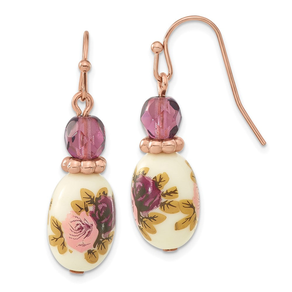 1928 Rose-tone Dark Purple Crystal and Floral Decal Dangle Earrings