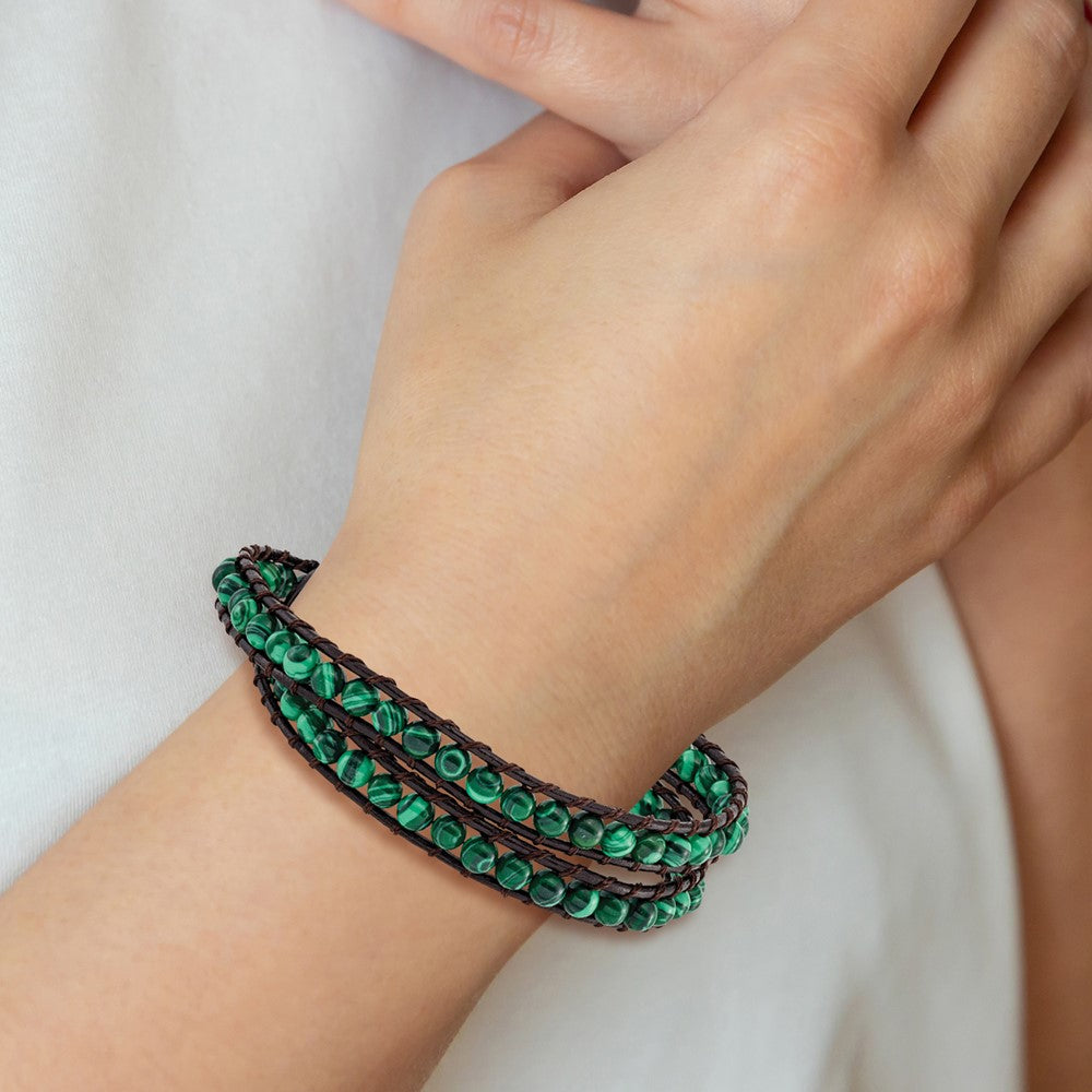 6mm Green Malachite Beads Leather Cord Multi Wrap Bracelet