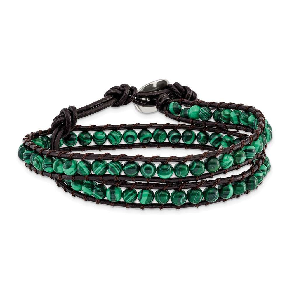 6mm Green Malachite Beads Leather Cord Multi Wrap Bracelet