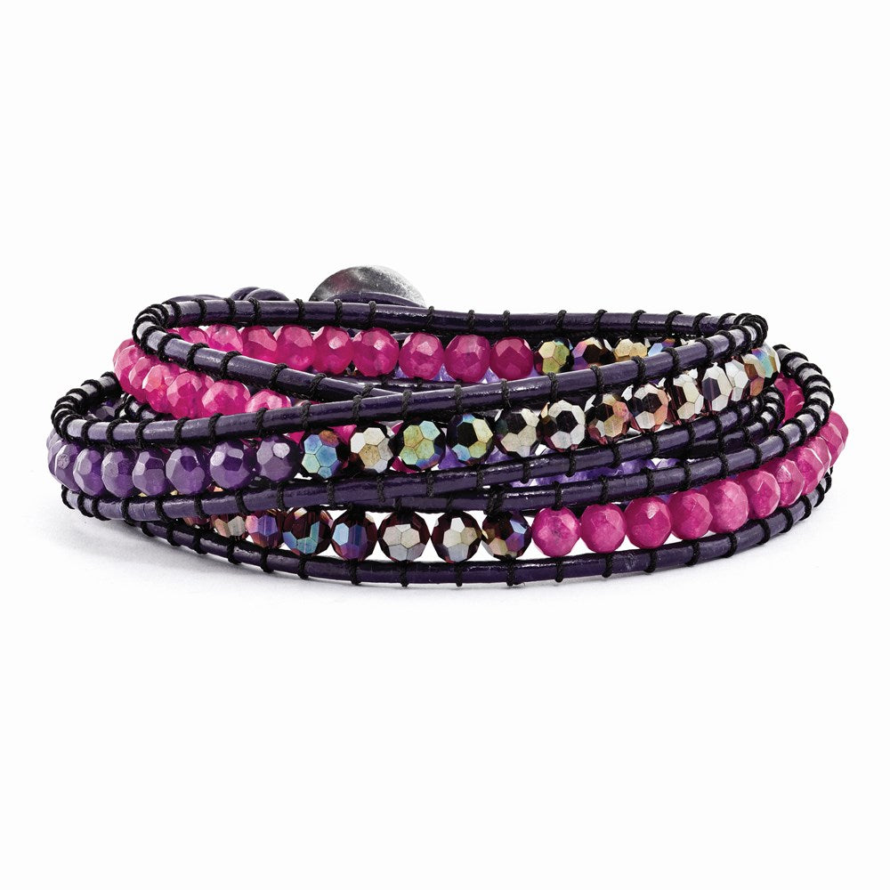 Multi Crystal/Multi Colored Jade Beaded Leather Multi-wrap Bracelet