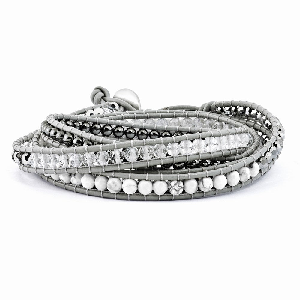 Crystal/Hematite/White Howlite Bead Leather Multi-wrap Bracelet