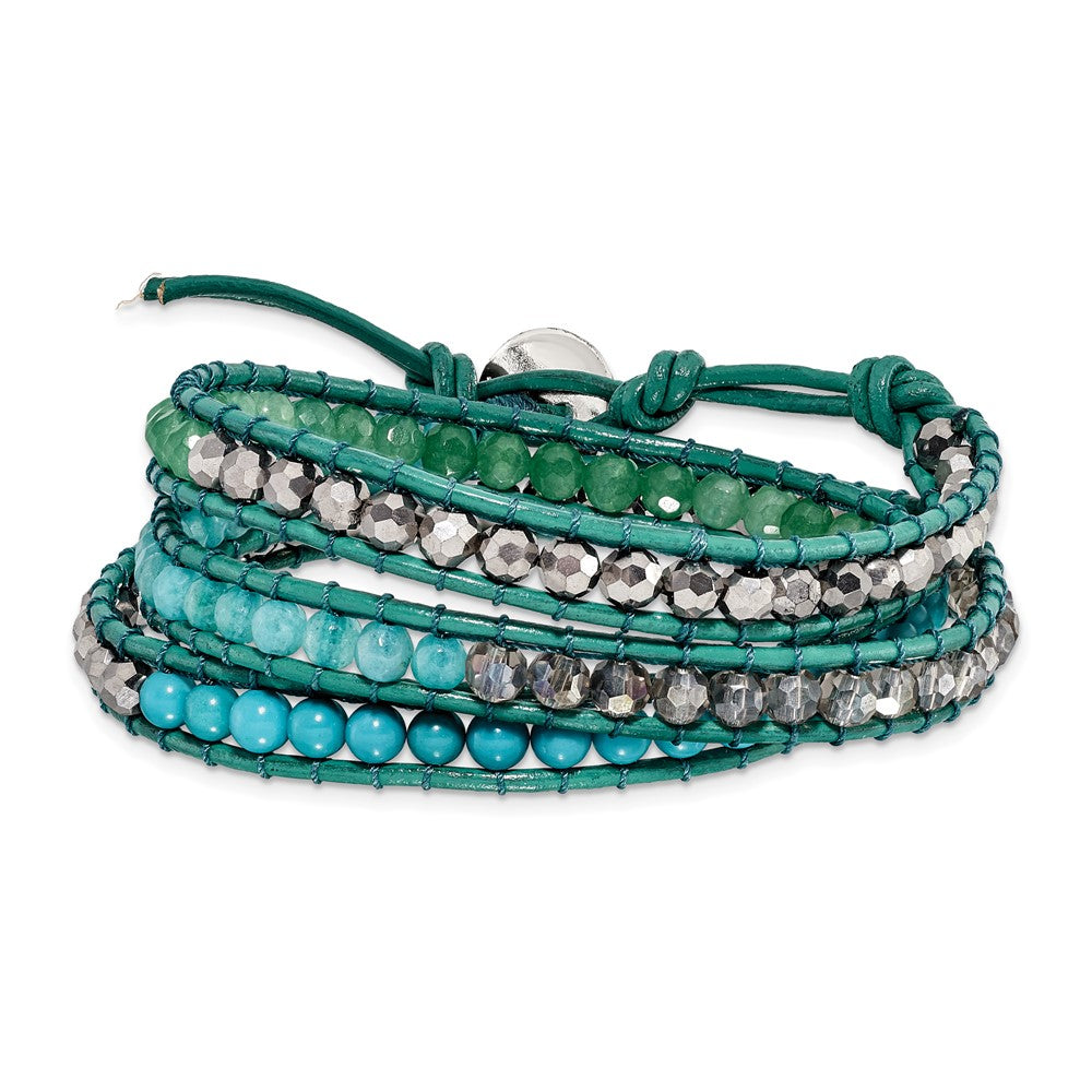 Green Aventurine/Crystal/ReconTurquoise/Leather Multi-wrap Bracelet