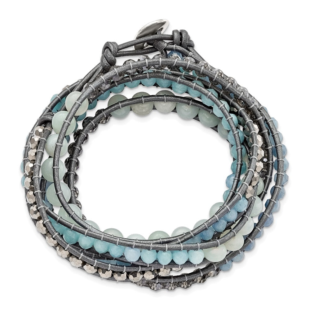 Aquamarine/Blue Quartz/Crystal/Leather Multi-wrap Bracelet