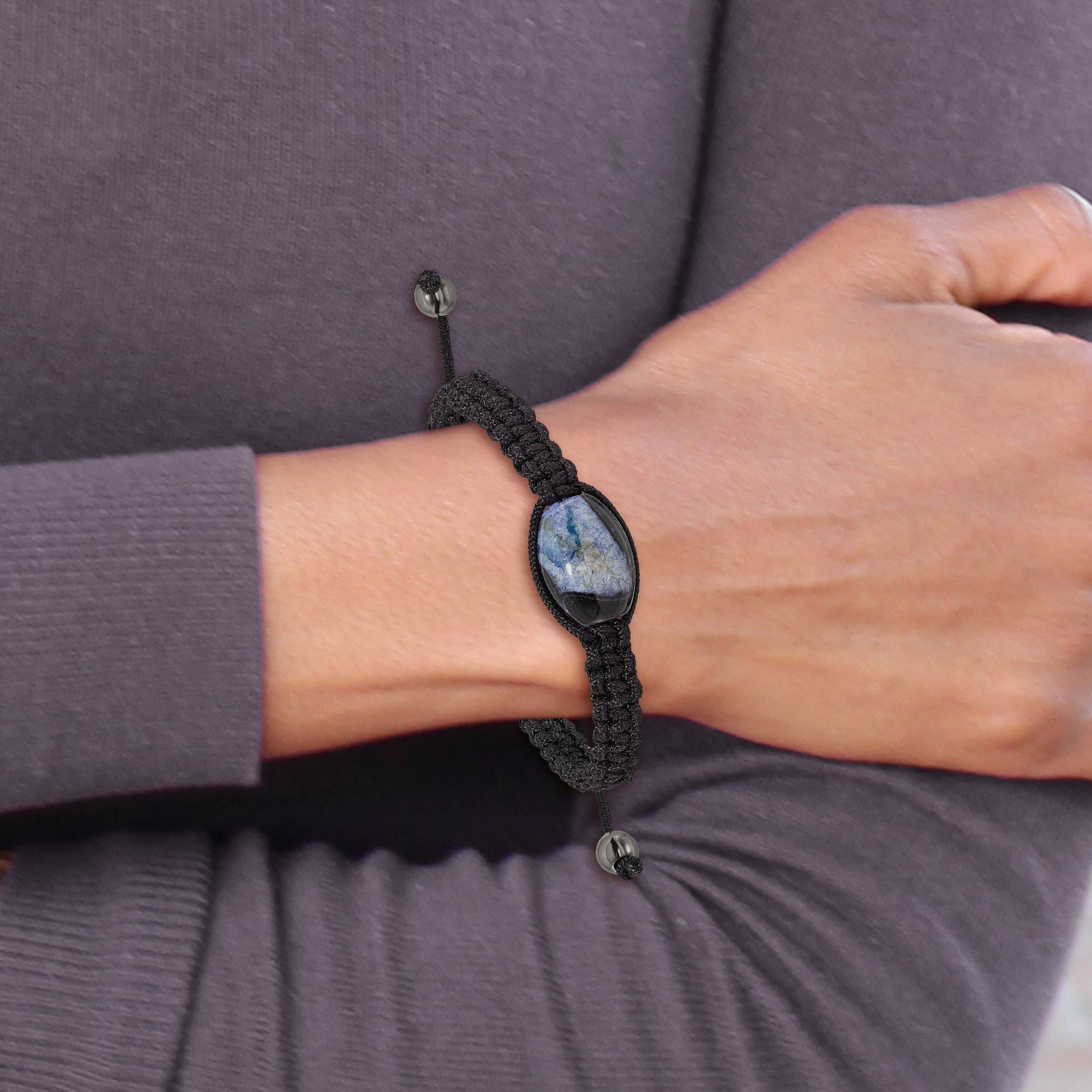 13x19mm Blue Crystal Agate w/ Hematite Beads Black Cord Bracelet