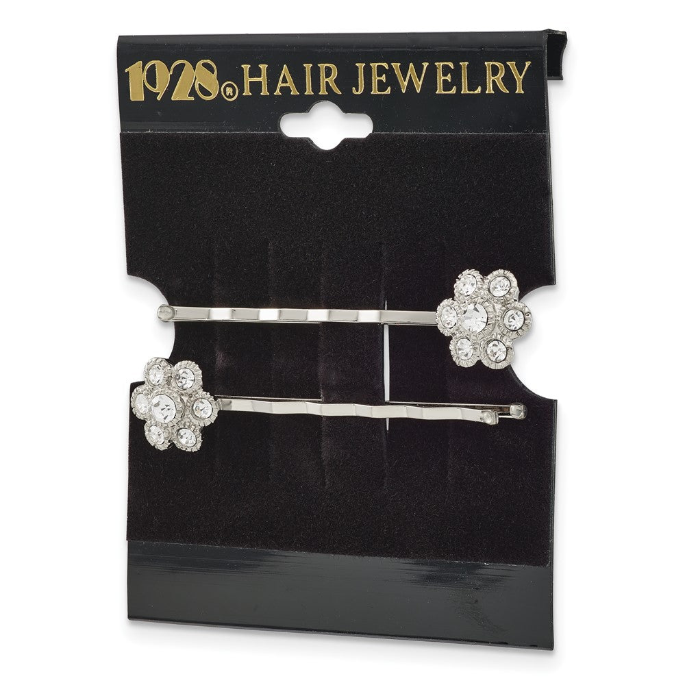 1928 Jewelry Set of 2 Silver-tone Clear Crystal Flower Hairpins