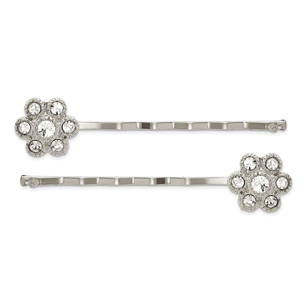 1928 Jewelry Set of 2 Silver-tone Clear Crystal Flower Hairpins