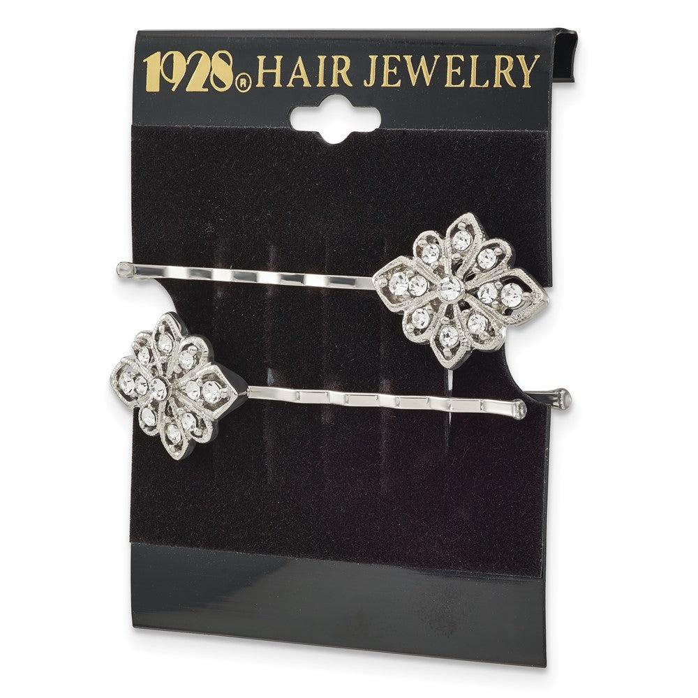 1928 Jewelry Set of 2 Silver-tone Filigree Clear Crystal Hairpins