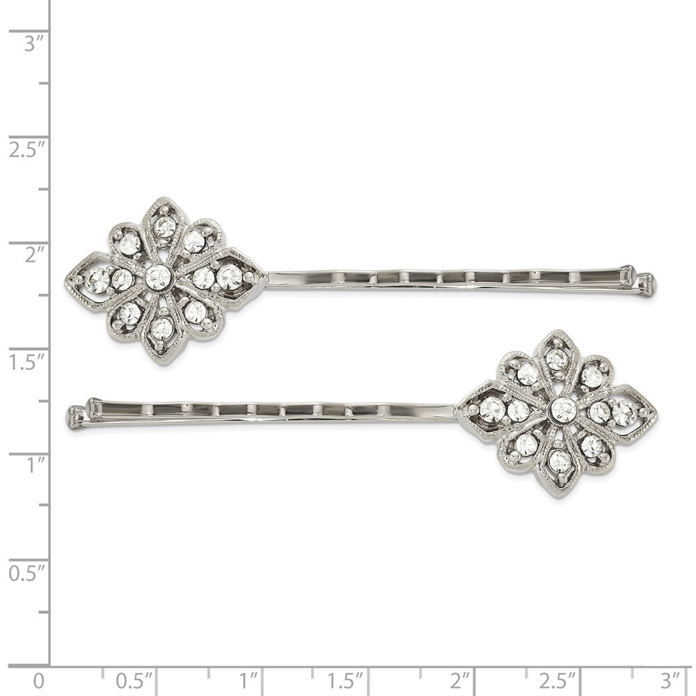 1928 Jewelry Set of 2 Silver-tone Filigree Clear Crystal Hairpins