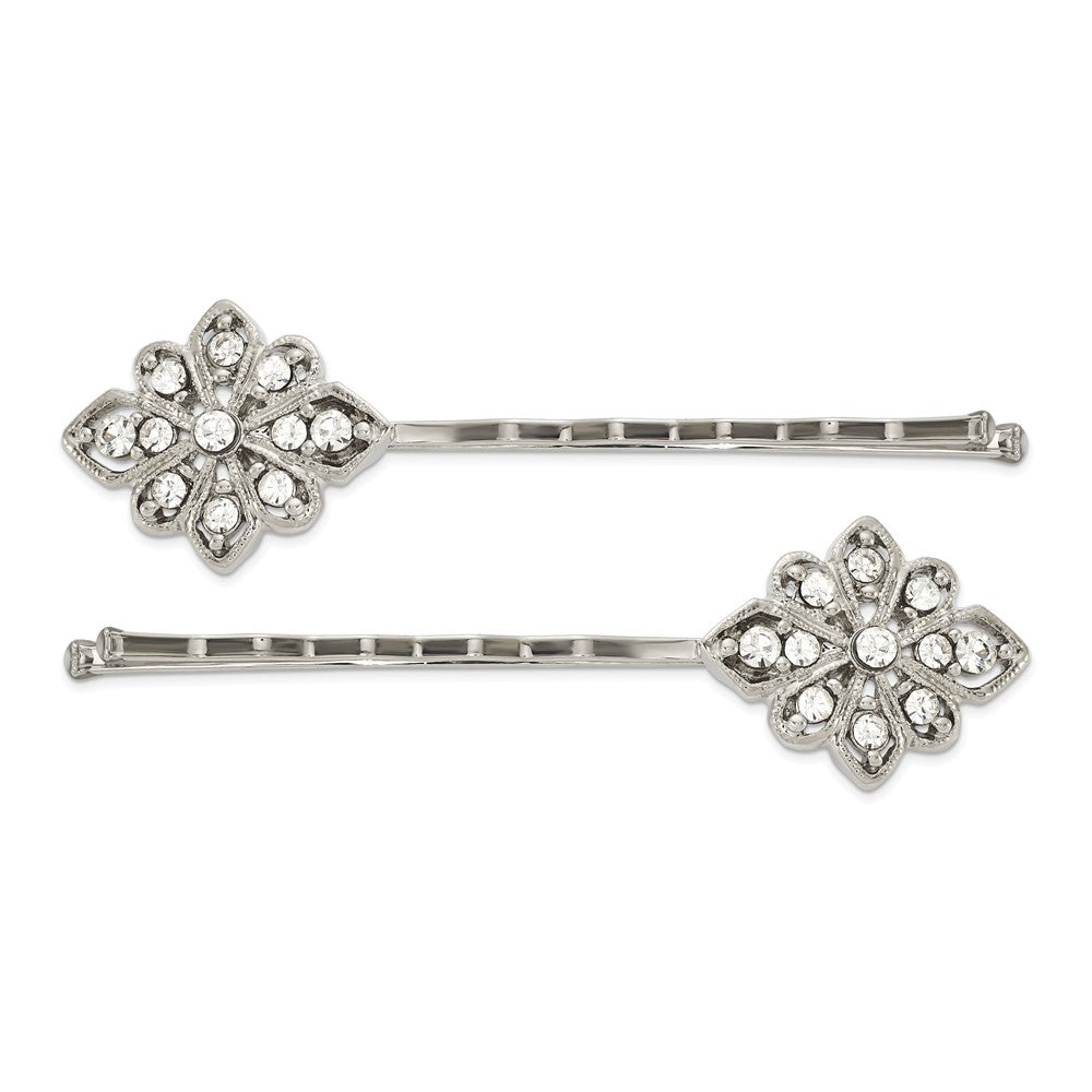 1928 Jewelry Set of 2 Silver-tone Filigree Clear Crystal Hairpins