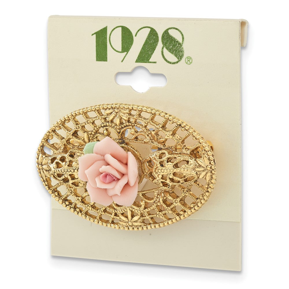 1928 Jewelry Gold-tone Filigree Pink Rose Porcelain Flower Pin Brooch