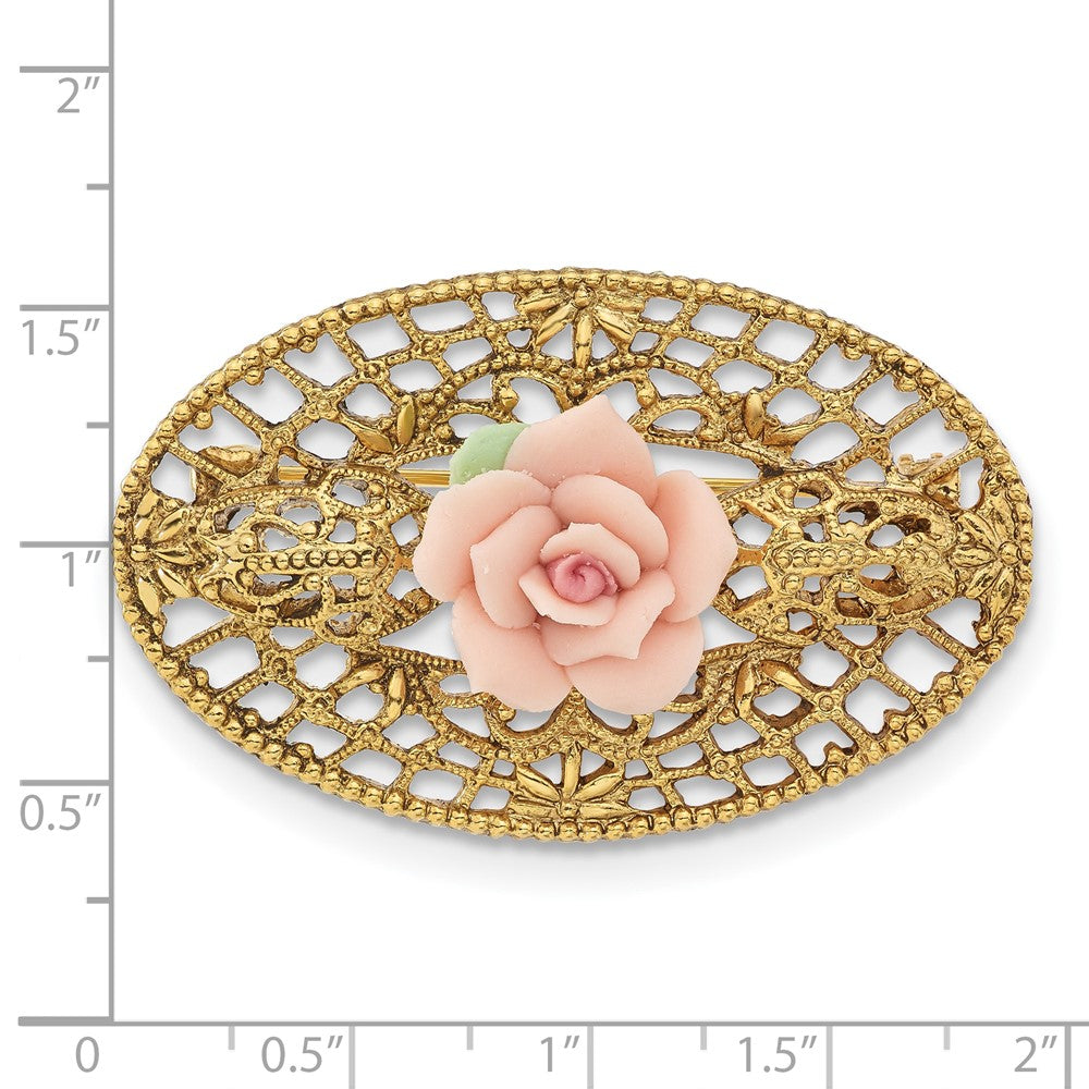 1928 Jewelry Gold-tone Filigree Pink Rose Porcelain Flower Pin Brooch