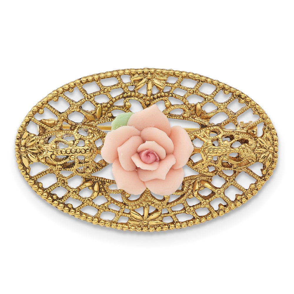 1928 Jewelry Gold-tone Filigree Pink Rose Porcelain Flower Pin Brooch