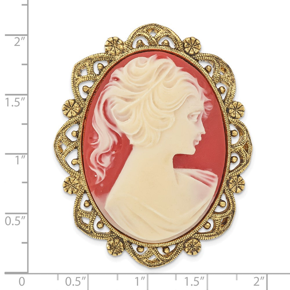 1928 Jewelry Gold-tone Filigree Frame Ivory Colored Lady Acrylic Cameo Pin Brooch