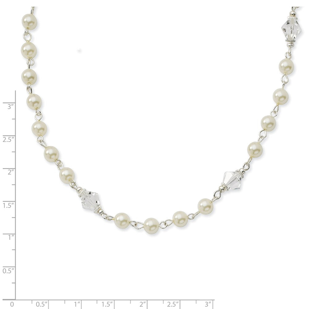 1928 Jewelry Silver-tone Clear Crystal Faceted Beads White Imitation Pearl Strand 15.5 inch Necklace with 3 inch extension